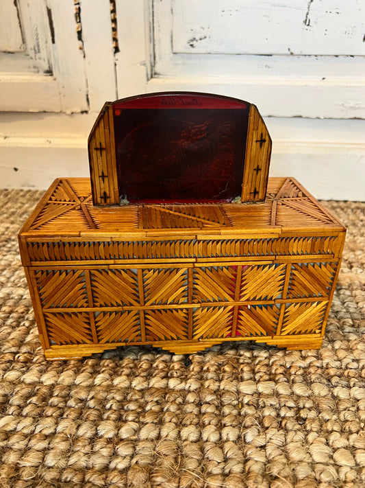 Vintage Tramp Art Wooden Matchstick Jewelry Box with Mirror