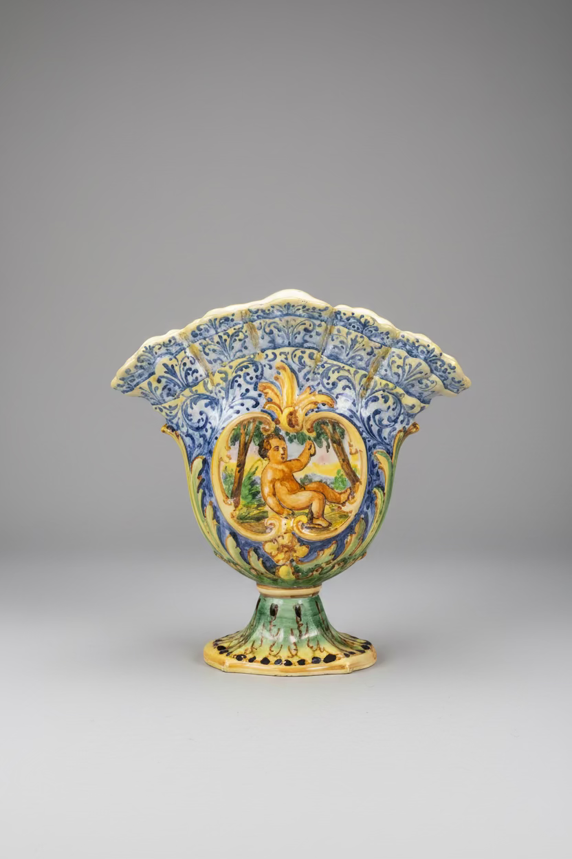 Vintage Italian Majolica Fan Vase – Bologna Cherub Putti Motif, by Angelo Minghetti