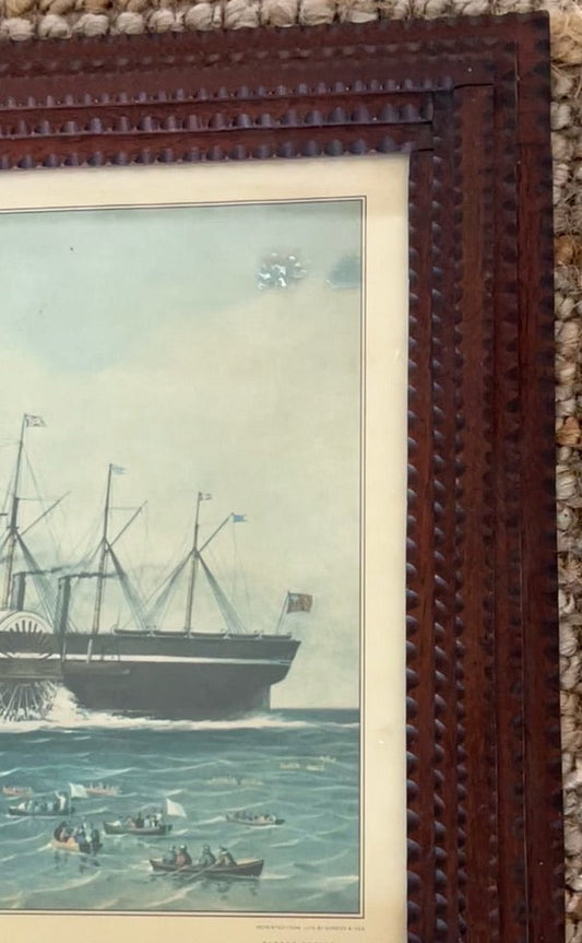 Tramp Art Frame with Currier & Ives "The Iron Steam Ship Great Eastern"