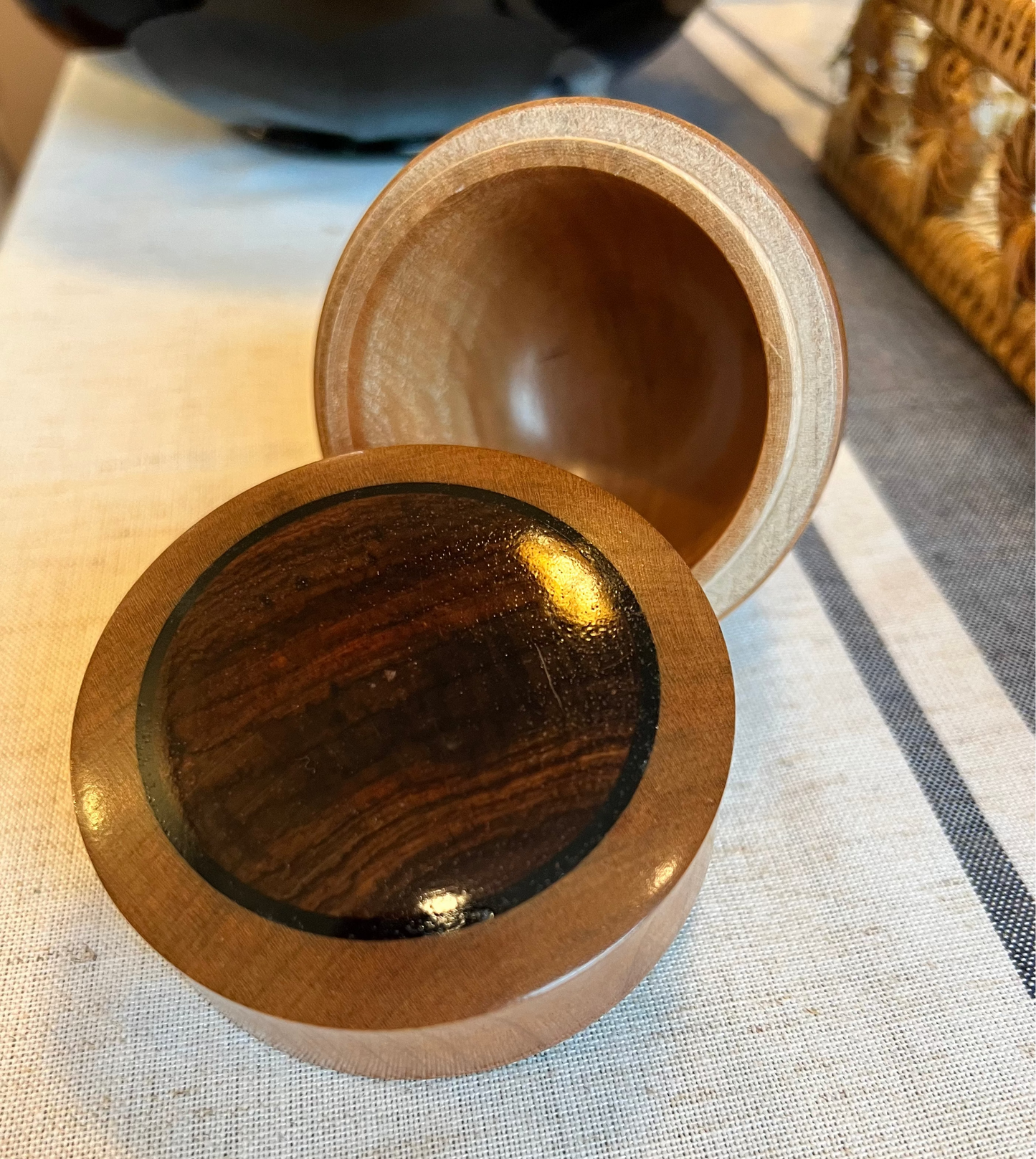Cherry Wood Box with Cocobola Inlay and Black Crystal Inlay Ring