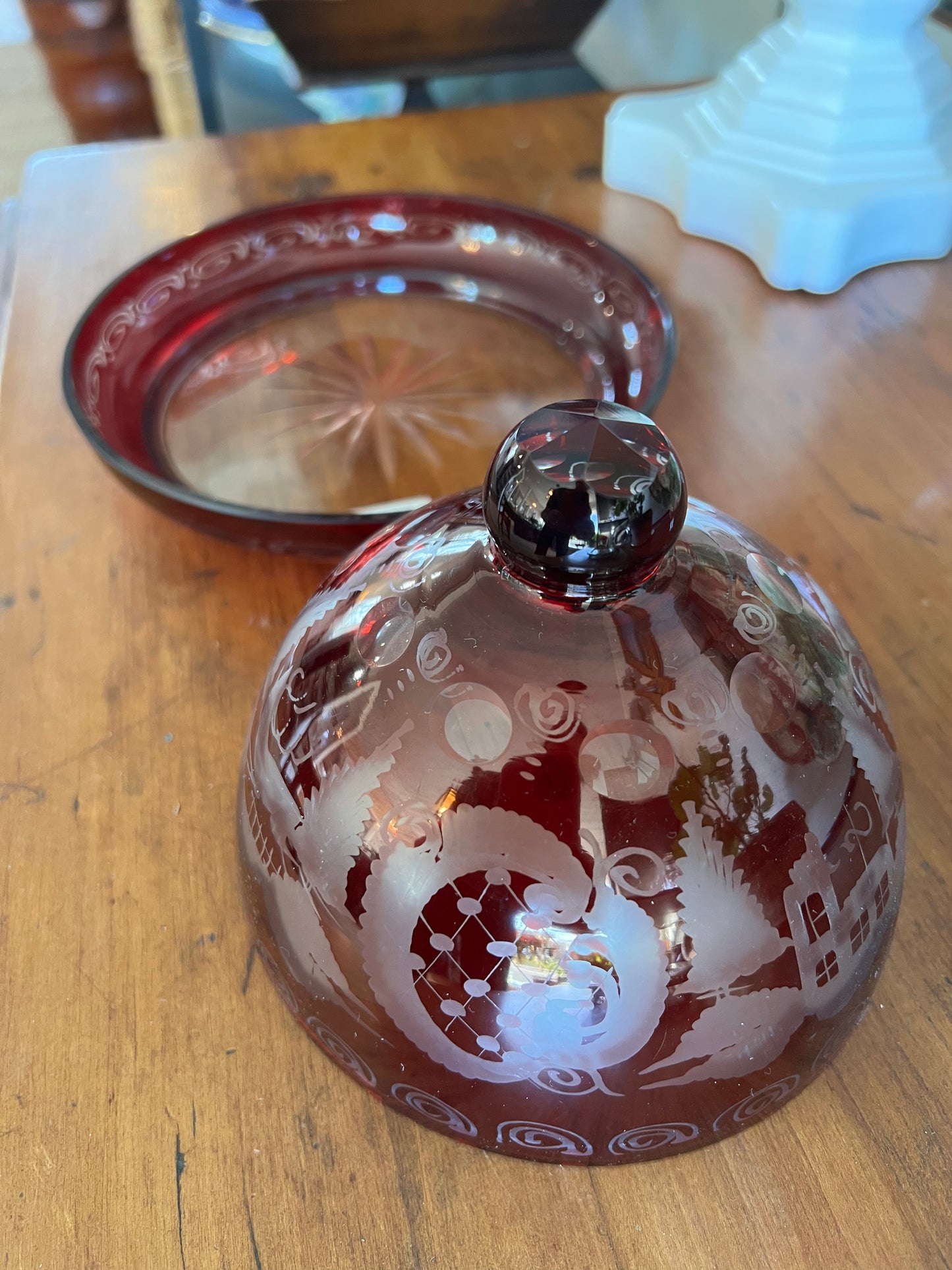 Egermann Ruby Red Cut-to-Clear Glass Cheese Dome