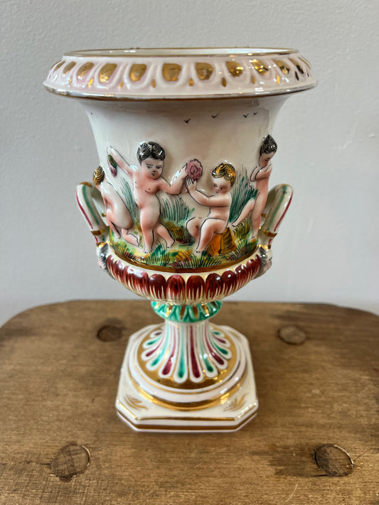 Italian Capodimonte Porcelain Figural Cherub Urn