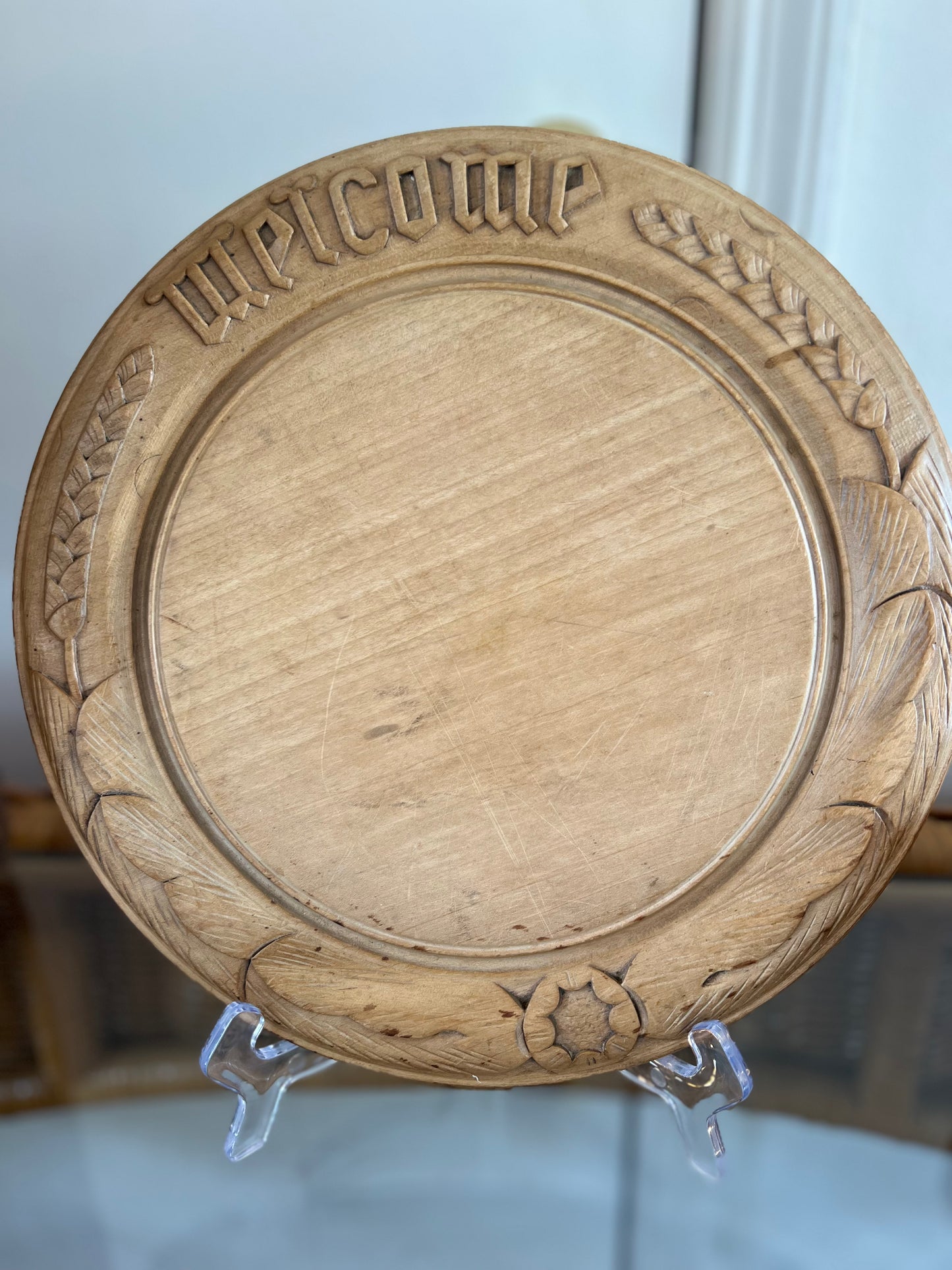 Early Antique Round Bread Board, "Welcome"