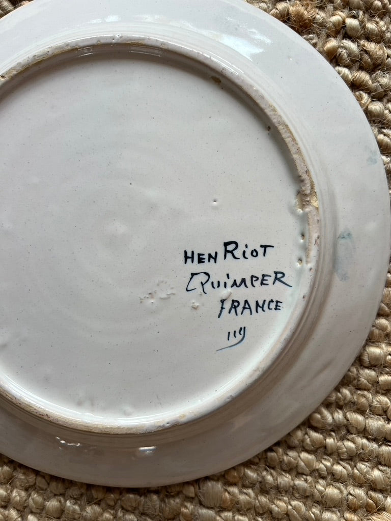 Vintage Henriot Quimper Spatter Rim Flower Plates, set of 8