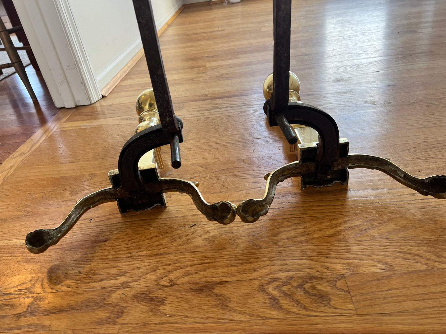 Antique American Cannon Ball Top Brass Federal Style Andirons