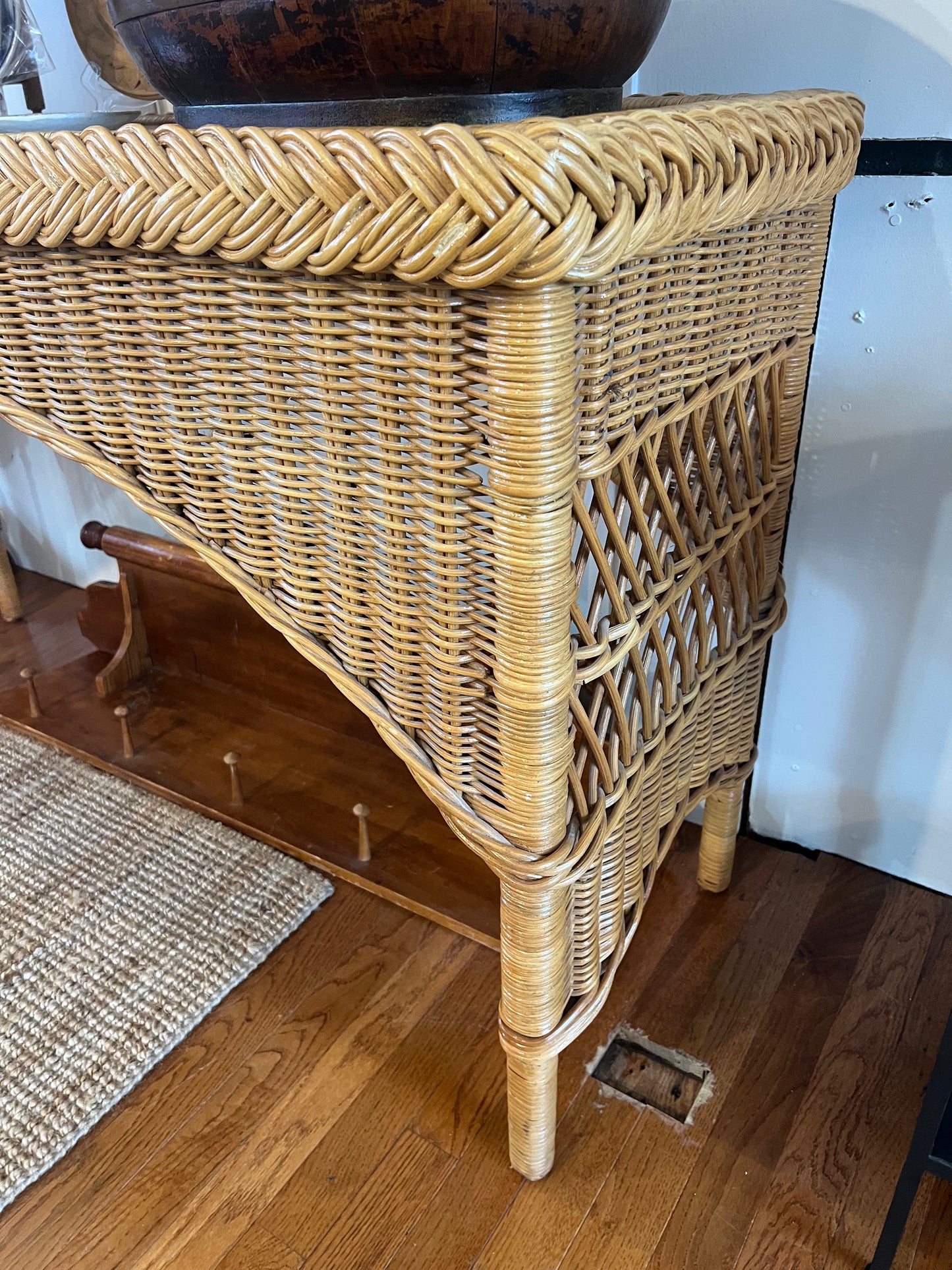 Natural Wicker and Braided Rattan Console Table with Glass Top