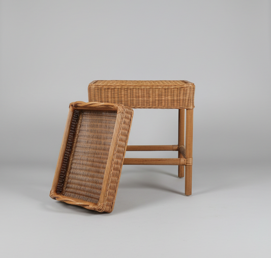 Vintage Rattan & Wicker Accent Table with Removable Tray