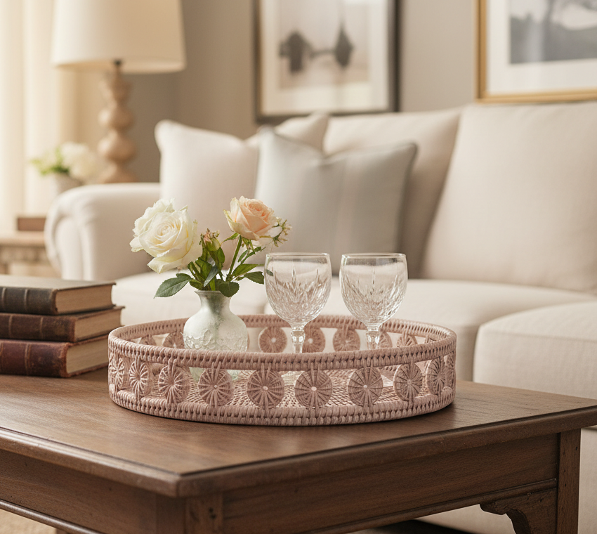 Rattan Inna Design Round Tray, Whitewash