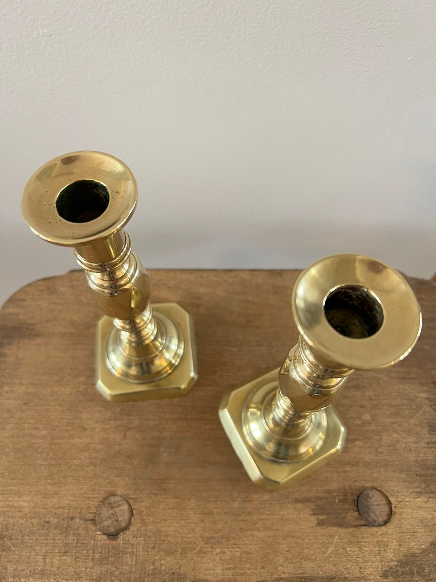 Antique English Brass Candlesticks, Queen of Diamonds, Pair