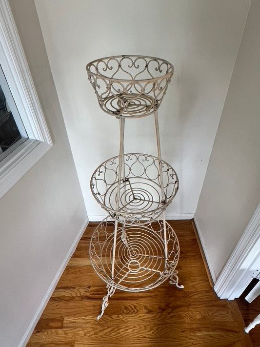 Antique Victorian Style White Painted Wrought Iron Triple-Tier Plant Stand