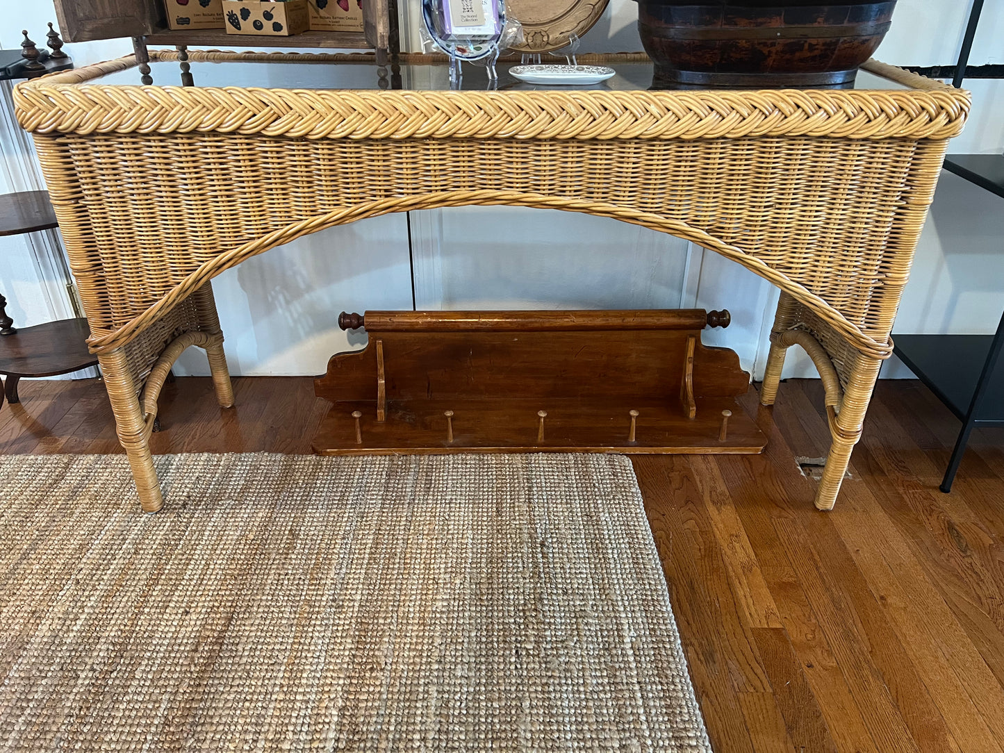 Natural Wicker and Braided Rattan Console Table with Glass Top