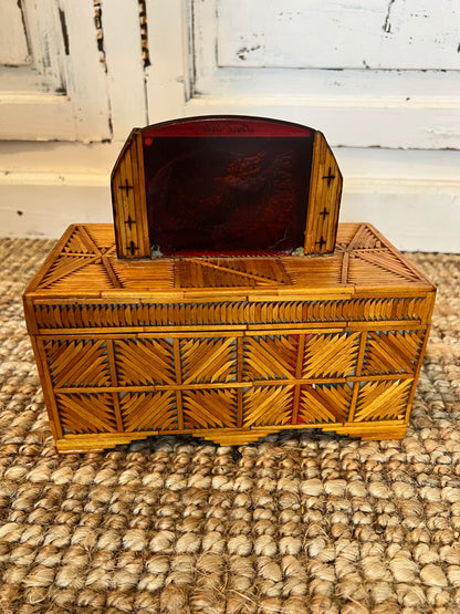 Vintage Tramp Art Wooden Matchstick Jewelry Box with Mirror