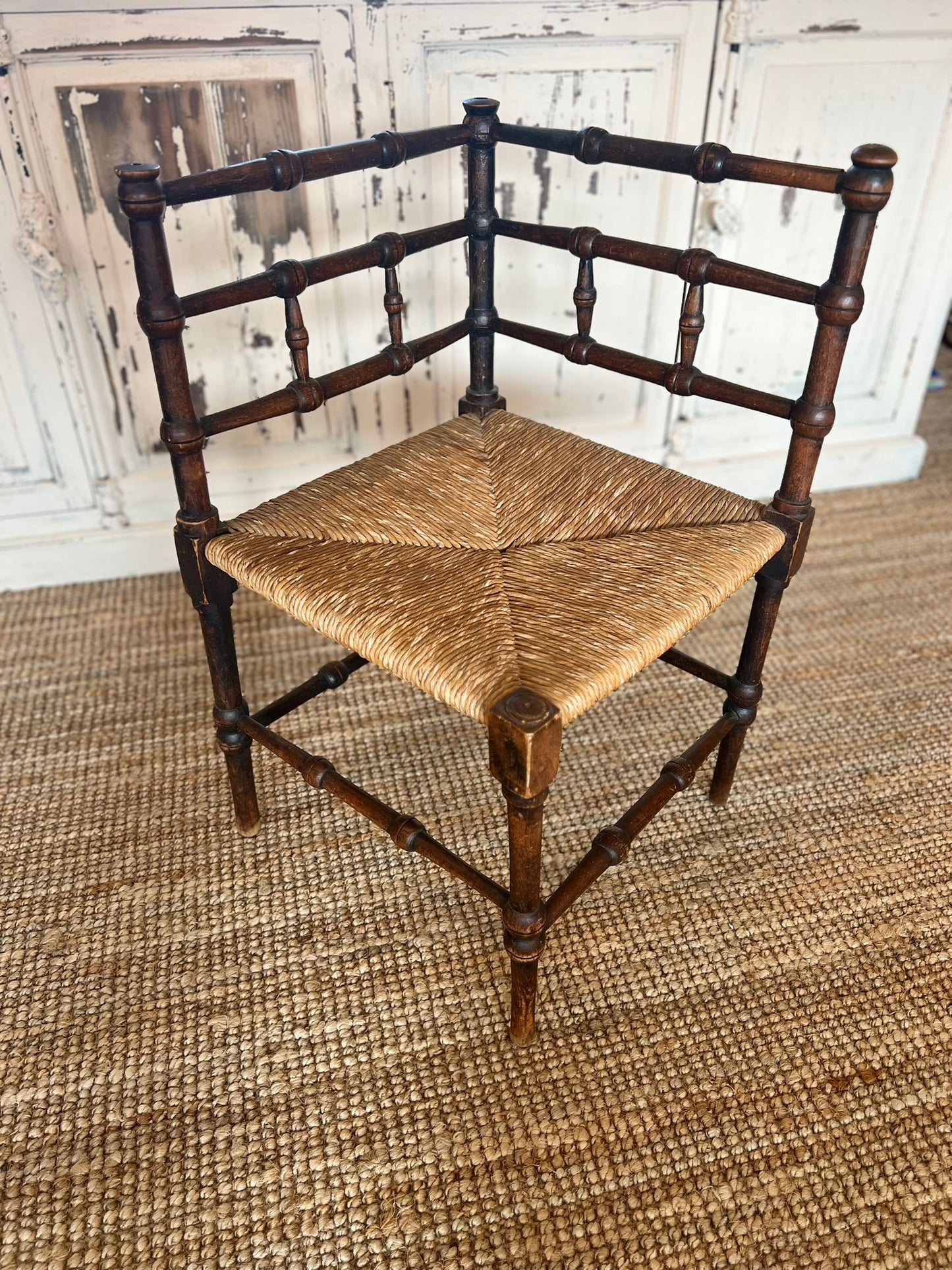 Dutch Bobbin Corner Chair in Oak and Rush