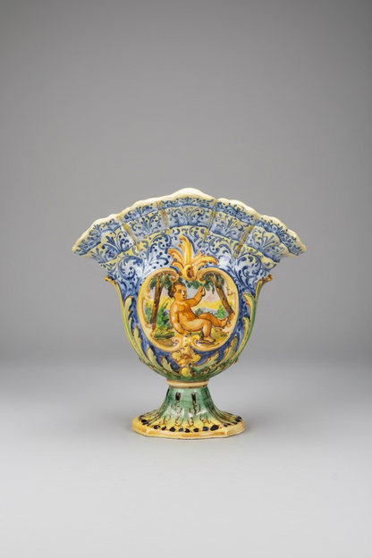 Vintage Italian Majolica Fan Vase – Bologna Cherub Putti Motif, by Angelo Minghetti