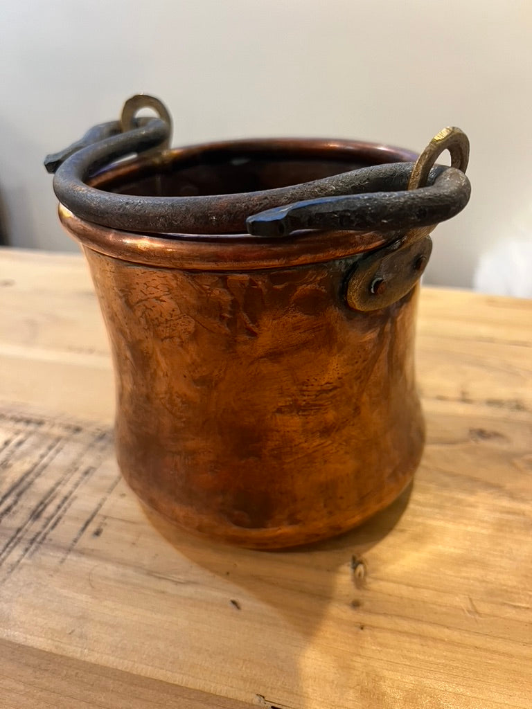 Antique Mini Copper Bucket with Wrought Iron Handle