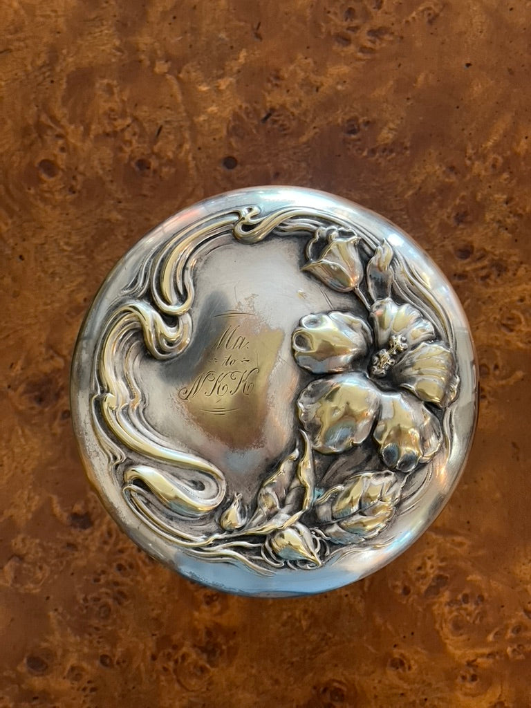 Antique Art Nouveau Glass Humidor, Crystal and Silver Plated Lid