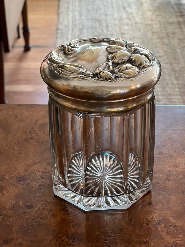 Antique Art Nouveau Glass Humidor, Crystal and Silver Plated Lid