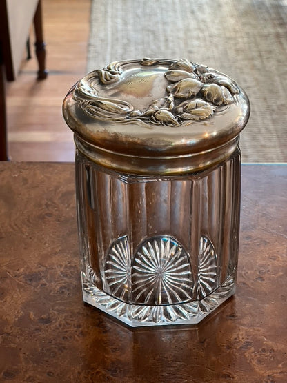 Antique Art Nouveau Glass Humidor, Crystal and Silver Plated Lid