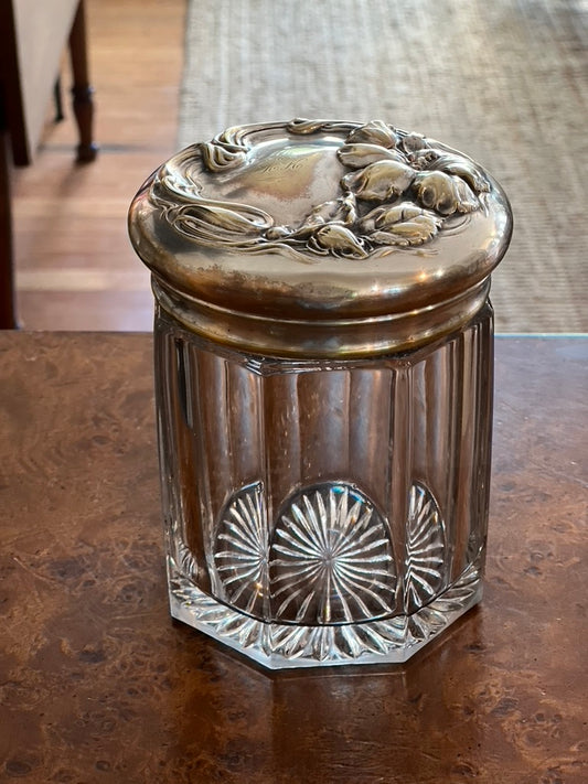Antique Art Nouveau Glass Humidor, Crystal and Silver Plated Lid