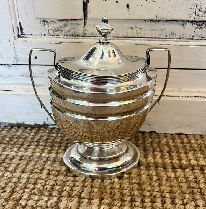 Antique Monogrammed Silver Plate Covered Sugar Bowl
