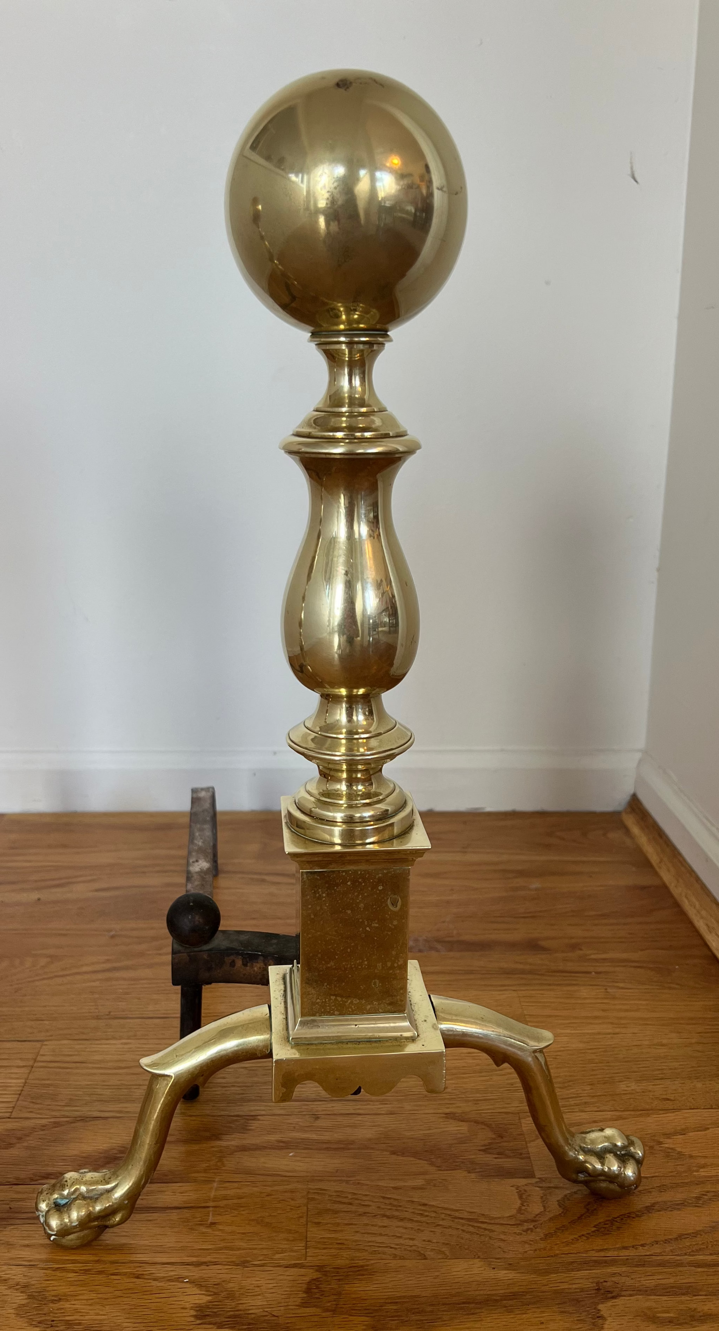Antique American Cannon Ball Top Brass Federal Style Andirons