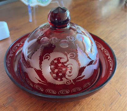 Egermann Ruby Red Cut-to-Clear Glass Cheese Dome