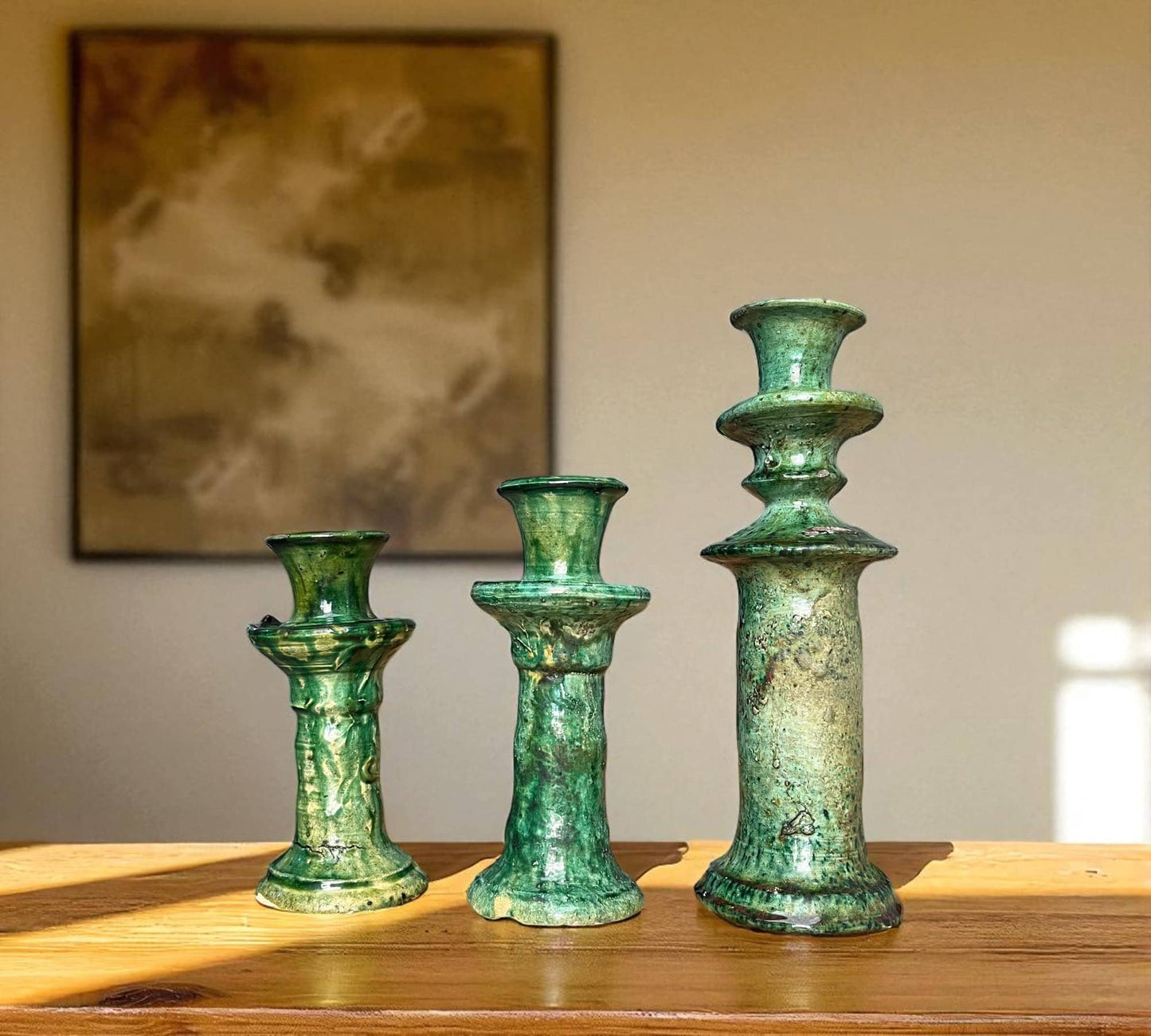 Handmade Tamegroute Candlesticks, Green Glaze Moroccan Pottery