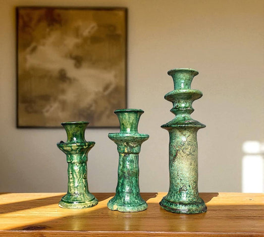 Handmade Tamegroute Candlesticks, Green Glaze Moroccan Pottery