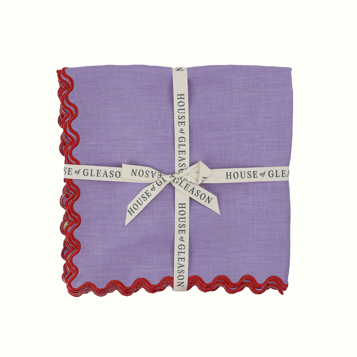 Lilac Linen Dinner Napkins with Red Scalloped Trim, Set of 4