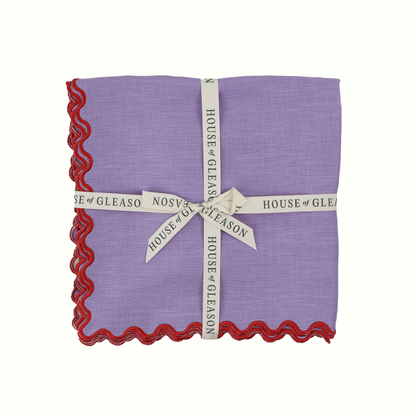 Lilac Linen Dinner Napkins with Red Scalloped Trim, Set of 4