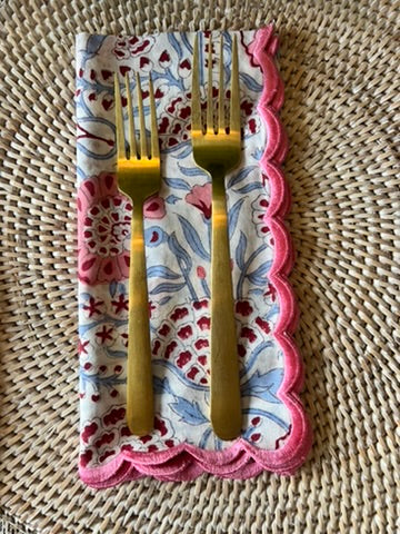 Pigeon Blue and Pink Scalloped Edge Napkins, Block Print, Set of 4