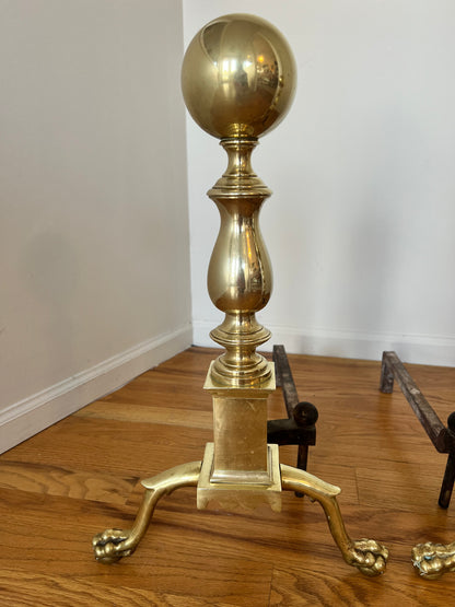 Antique American Cannon Ball Top Brass Federal Style Andirons