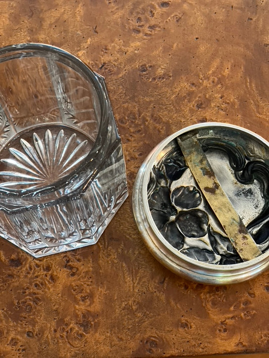Antique Art Nouveau Glass Humidor, Crystal and Silver Plated Lid