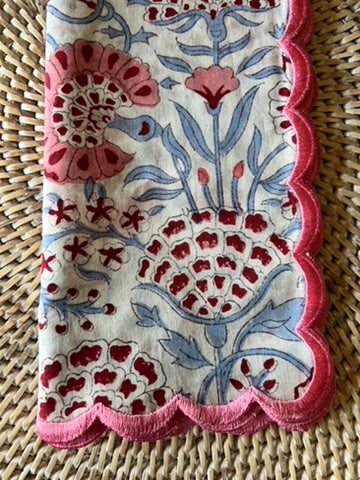 Pigeon Blue and Pink Scalloped Edge Napkins, Block Print, Set of 4