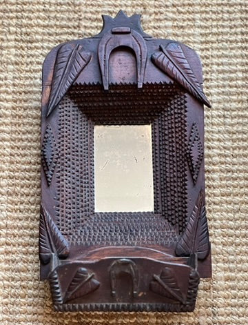 Antique Chip Carved Tramp Art Wall Pocket Mirror