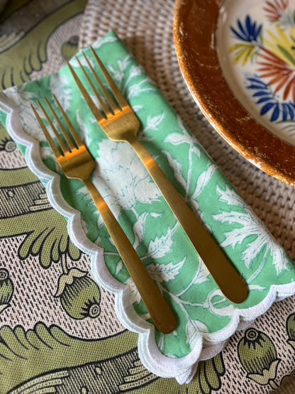 Scalloped Green & White Napkins, Set of 6