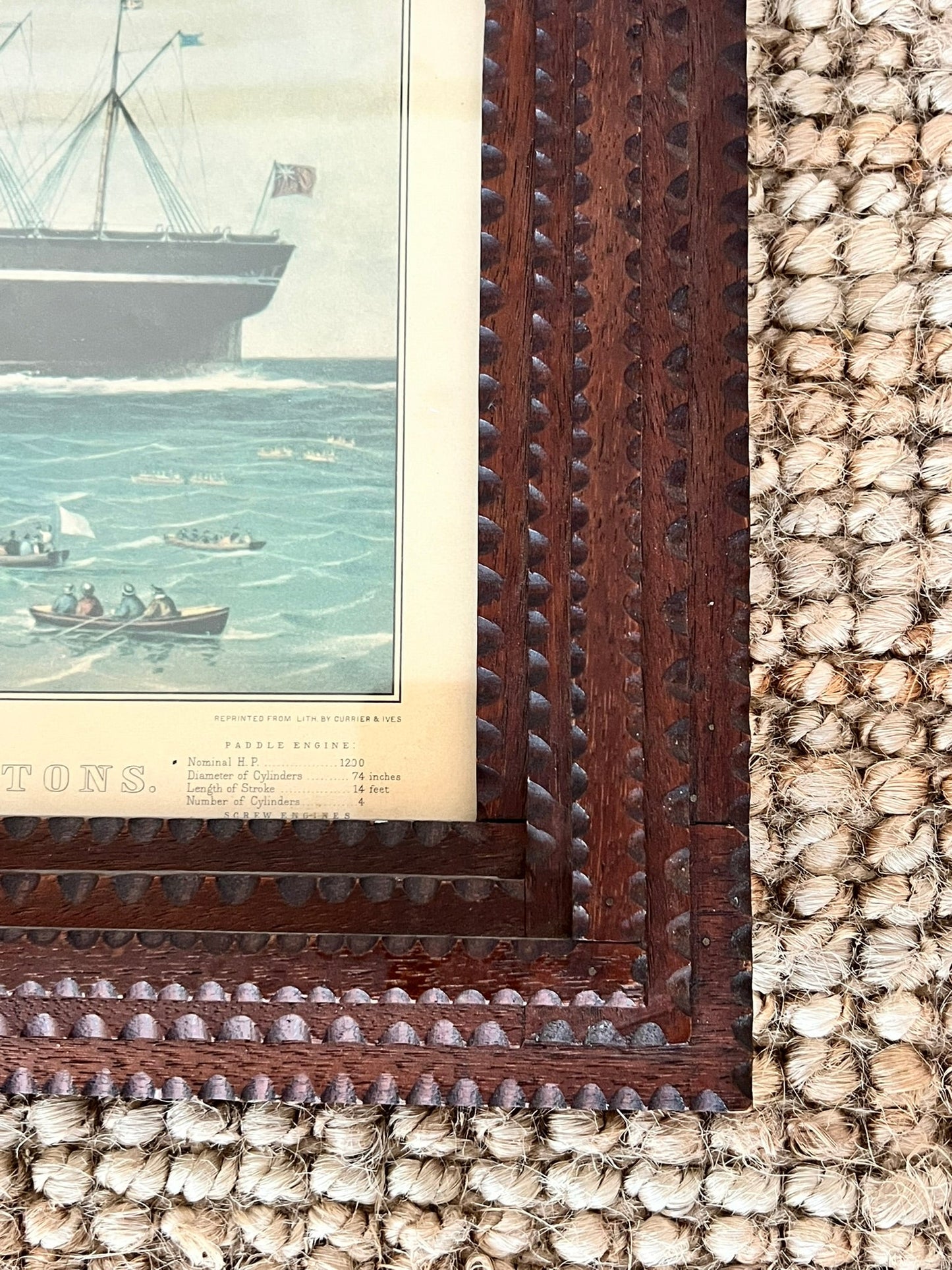 Tramp Art Frame with Currier & Ives "The Iron Steam Ship Great Eastern"