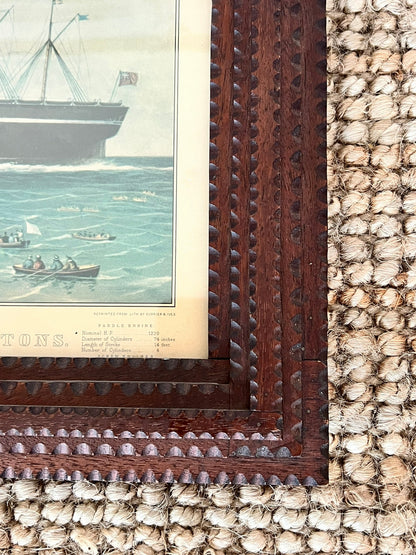 Tramp Art Frame with Currier & Ives "The Iron Steam Ship Great Eastern"