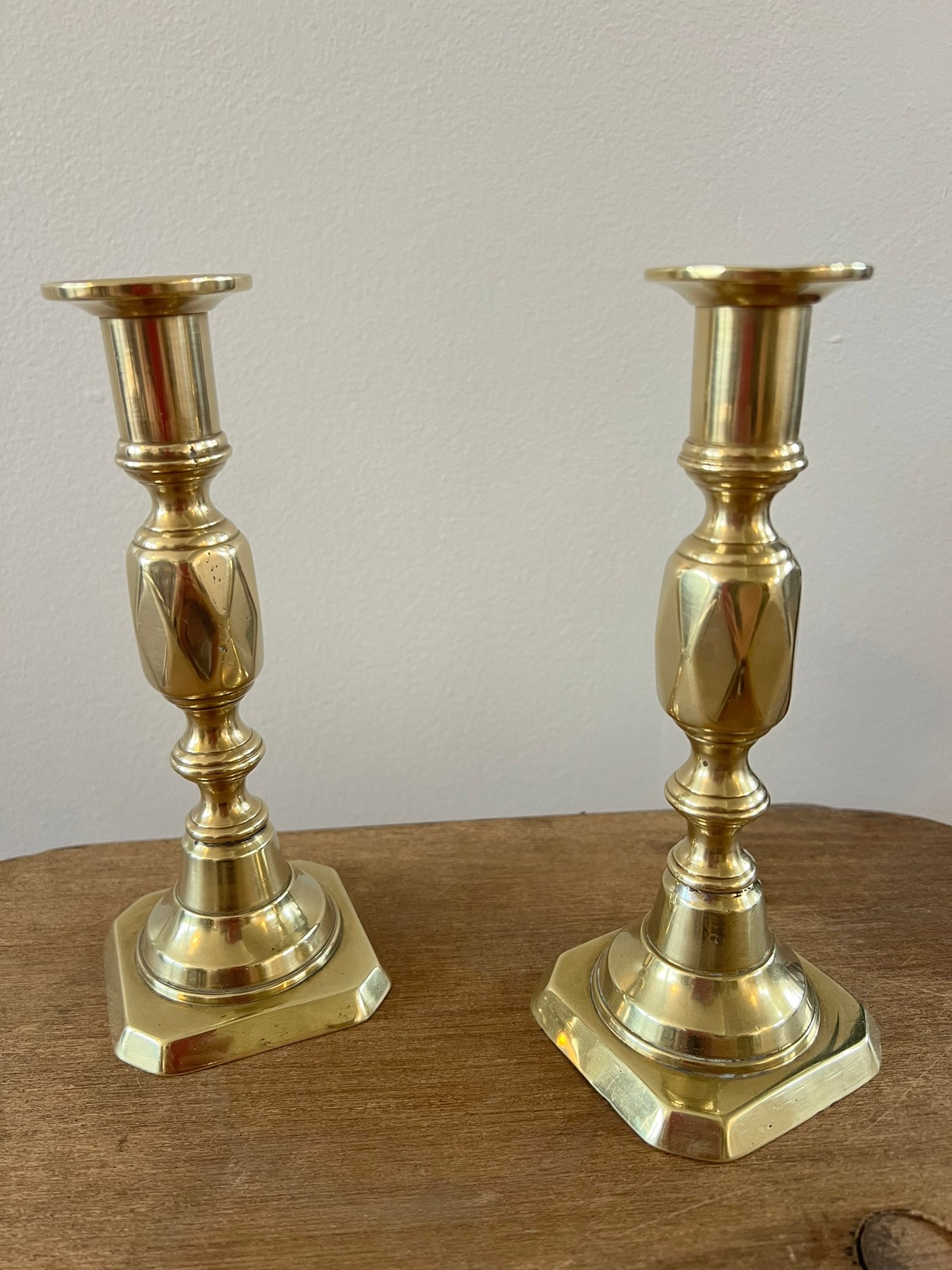 Antique English Brass Candlesticks, Queen of Diamonds, Pair