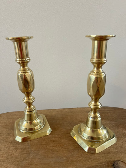 Antique English Brass Candlesticks, Queen of Diamonds, Pair