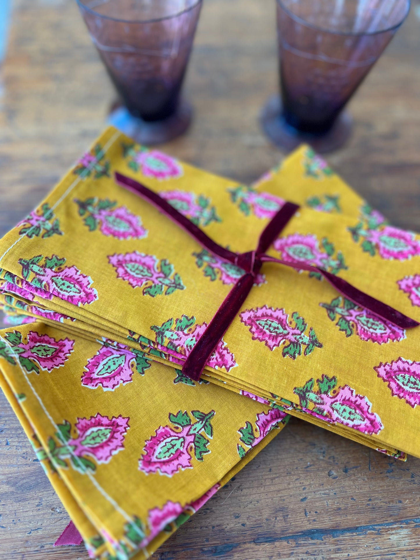 Indian Hand Block Printed Napkins, Goldenrod & Pink, Set of 6