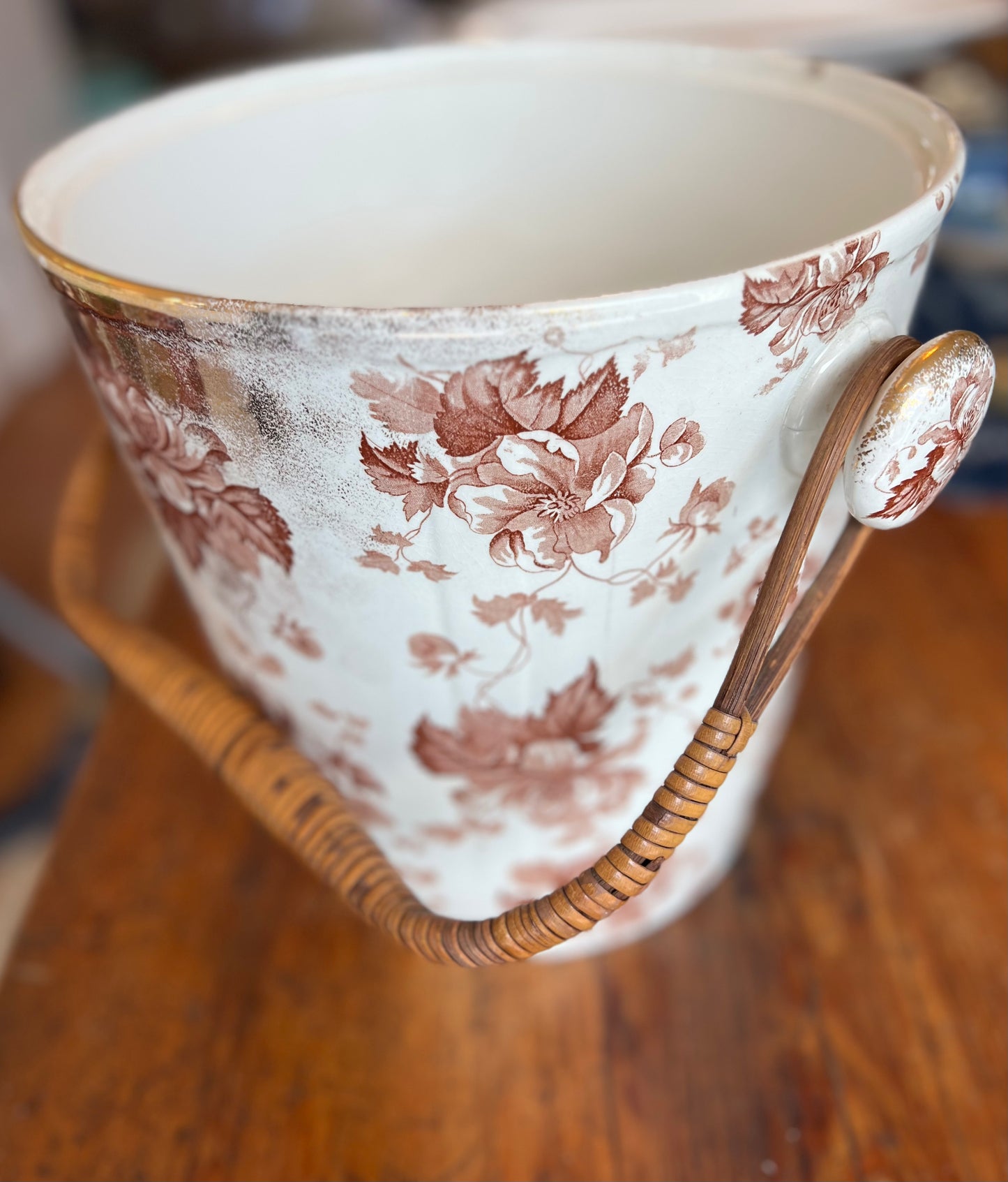 Antique Ironstone Bucket with Rattan Handle