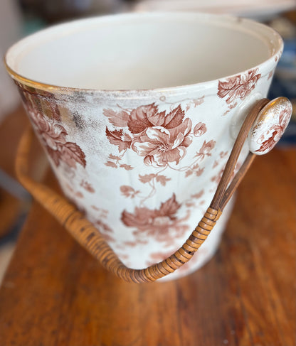 Antique Ironstone Bucket with Rattan Handle