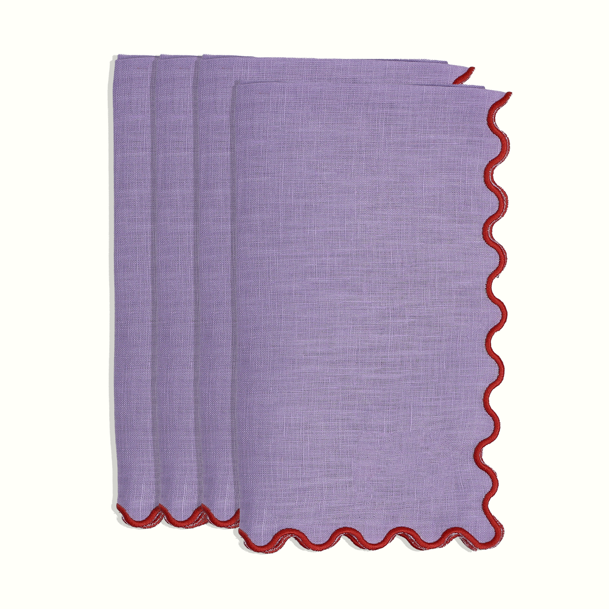 Lilac Linen Dinner Napkins with Red Scalloped Trim, Set of 4