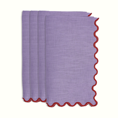 Lilac Linen Dinner Napkins with Red Scalloped Trim, Set of 4