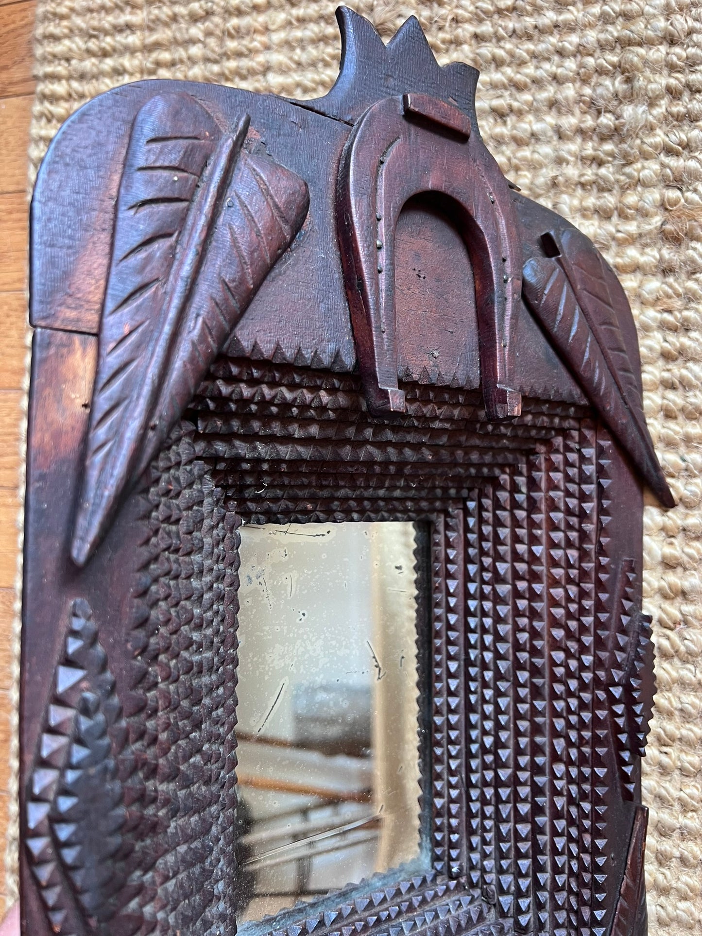 Antique Chip Carved Tramp Art Wall Pocket Mirror