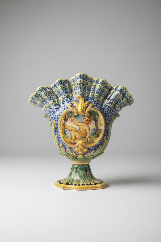 Vintage Italian Majolica Fan Vase – Bologna Cherub Putti Motif, by Angelo Minghetti