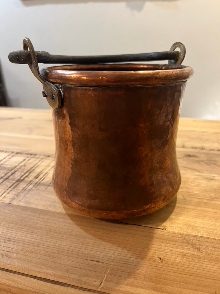 Antique Mini Copper Bucket with Wrought Iron Handle