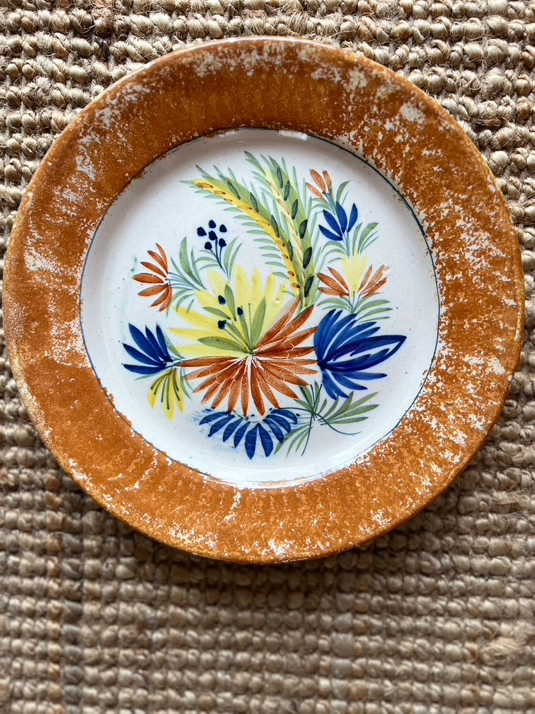 Vintage Henriot Quimper Spatter Rim Flower Plates, set of 8