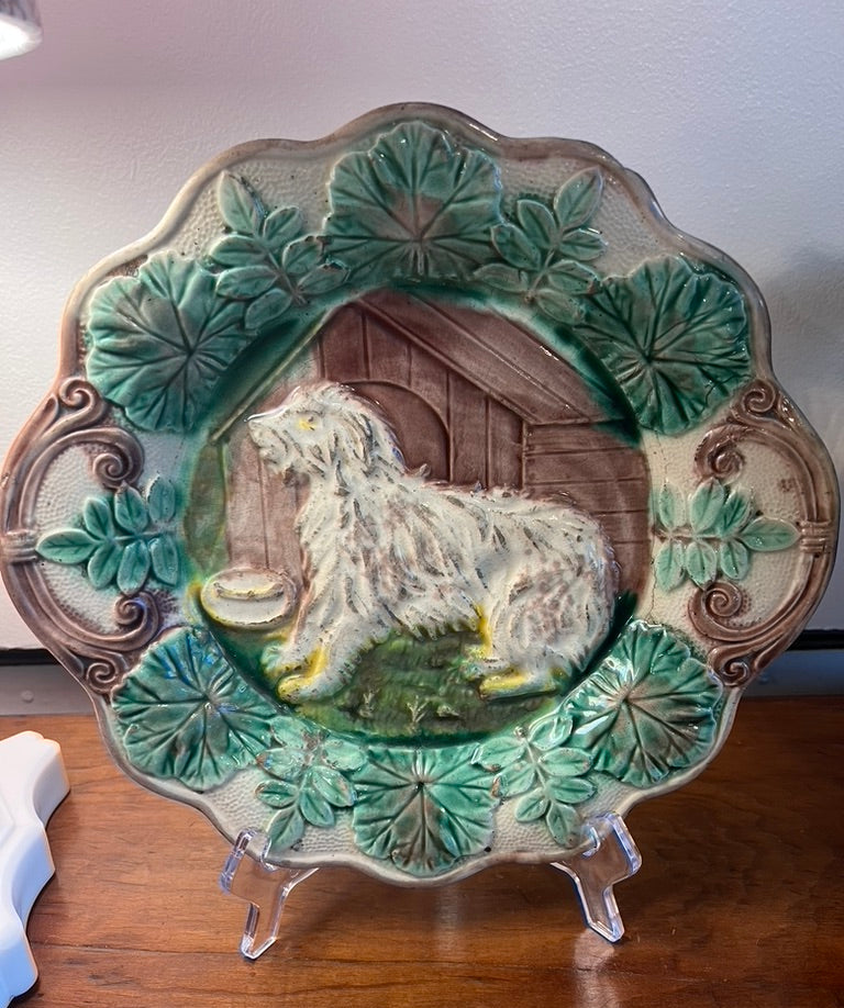 Antique Majolica Sheep Dog Plate